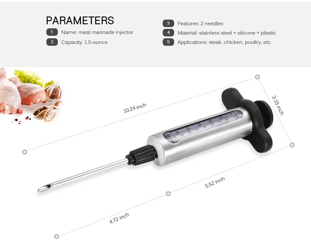 Пищевые ароматные приправы барбекю мясо шприц маринад набор игл для маринования Прочный острый инъекционный пистолет с 2 иглами 1,5-унция баррель свинина
