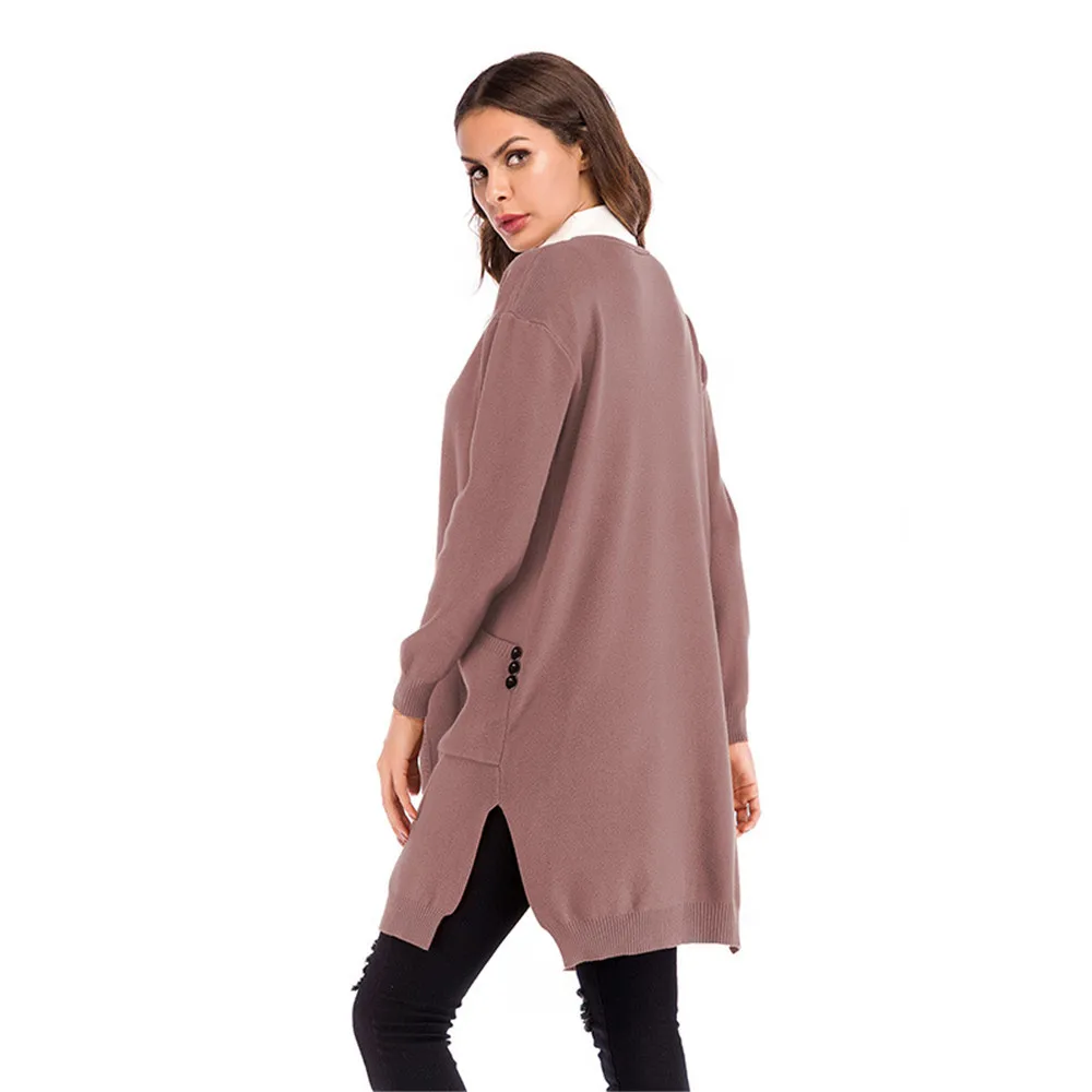 Autumn and Winter New Jacket Women's Long Cut Knit Cardigan Double Pocket Solid Color Outerwear Coats