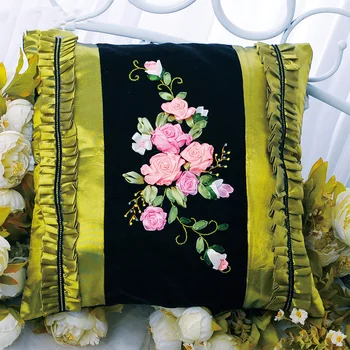 

50x50cm 3D Flowers DIY Cushion Ribbon Embroidery kit Pillow Cover Handcraft DIY Handmade for Beginner Art Home Decor Unique Gift