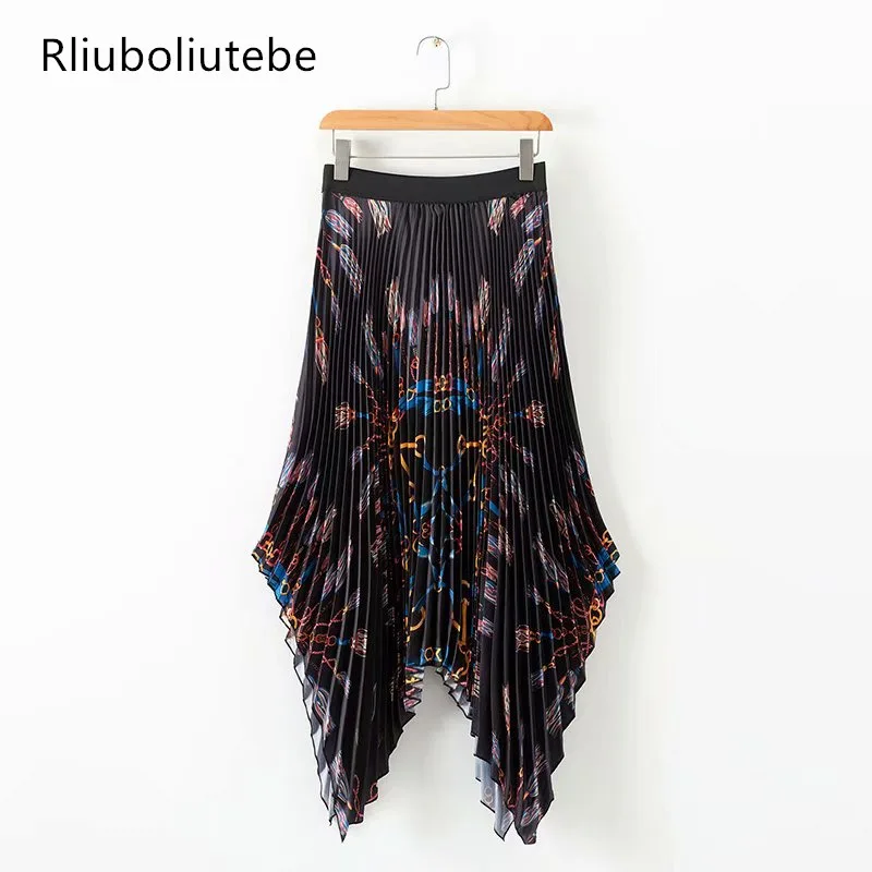 Асимметричная винтажная длинная Плиссированная юбка с принтом в виде цепочки, Женская Повседневная Длинная юбка с эластичной резинкой на талии, трапециевидная уличная одежда