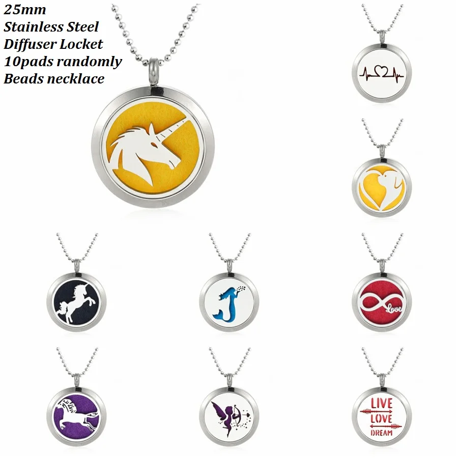 

316L Stainless Steel unicorn tortoise popular diffuser necklace Perfume locket 25mm necklace locket with S.S beads chain 10pads