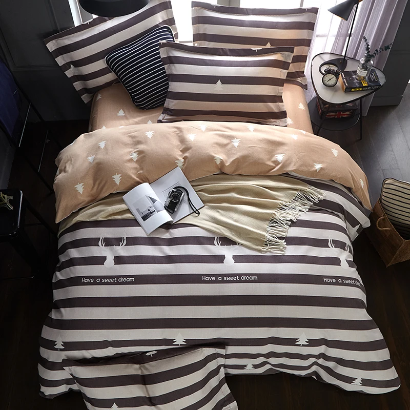 

Nordic Deer Simple Design Plaid Vertical Stripes Bedding Set Queen King Size Brushed Cotton Duvet Covers Bed Sheets Pillowcase