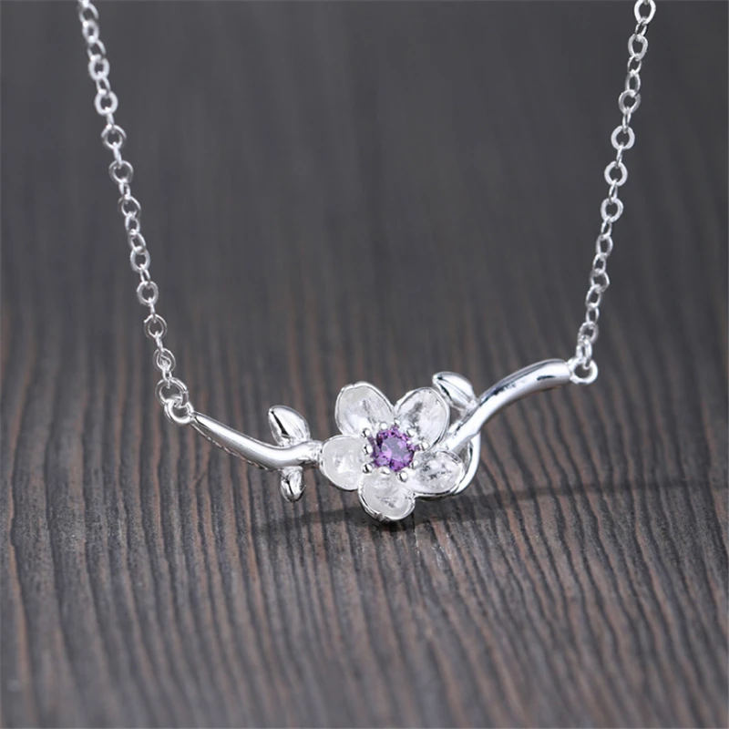 

2019 Cherry blossoms sakura purple CZ crystal necklace ethnic 925 silver hip hop jewelry chains initial pendant necklace KXL1009