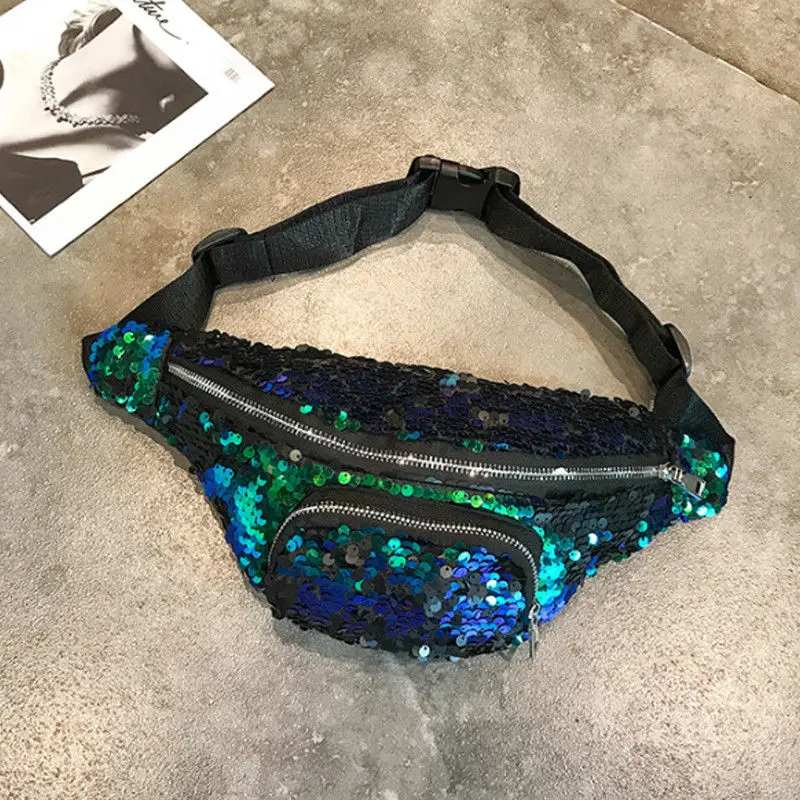 

2019 New Fashion Women Sequins Waist Bag Fanny Pack Lady Hip Camping Money Pouch Belt Sport Shoulder Bag