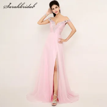 

Elegant Sexy Pink Chiffon Long Prom Dresses V-Neck Split Side Backless Off-The Shoulder Court Train Evening Party Gown Hot XU013