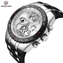 OULM Sport Dual Time Quartz Watch Men Big Case Military Analog Digital Mens Watches Top Brand Luxury Steel Strap Wristwatches