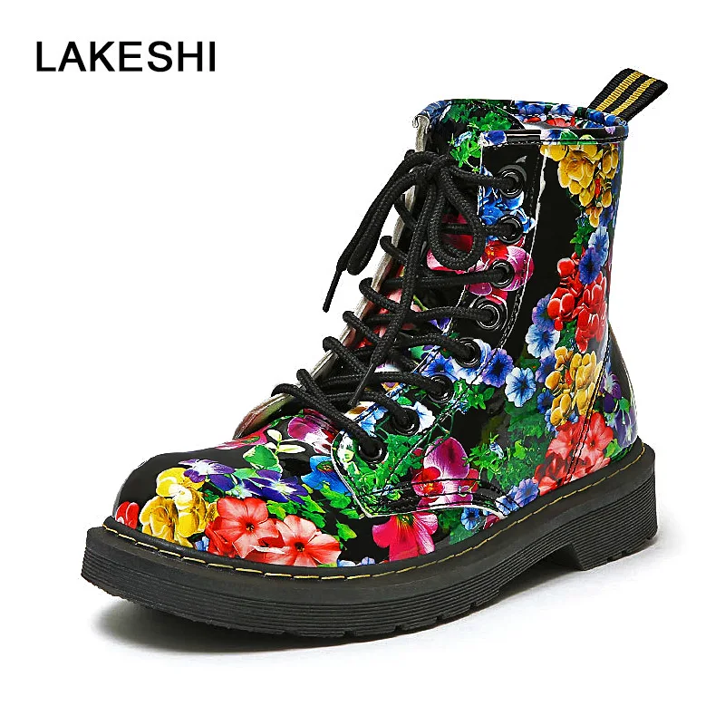 

Floral Women Boots Lace Up Women Ankle Boots Female 2017 Winter Shoes Woman Round Toe Size 35-40