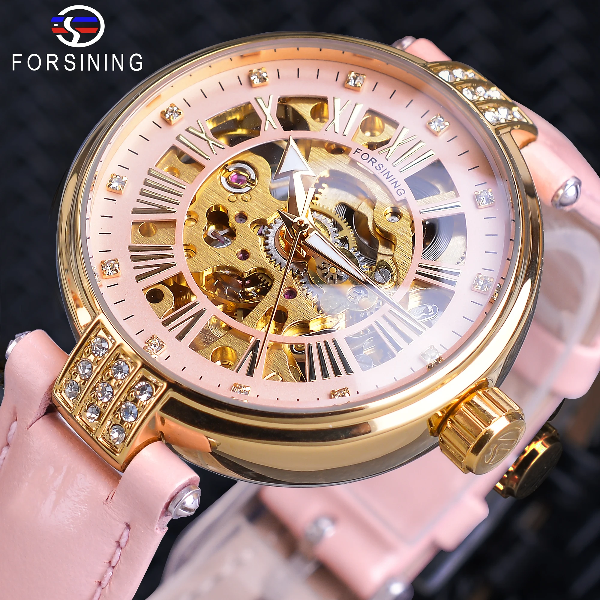 

Forsining Pink Lady Diamond Automatic Watch Women Watches Top Montre Femme 2019 Gold Skeleton Relogio Feminino Brand Star Clock