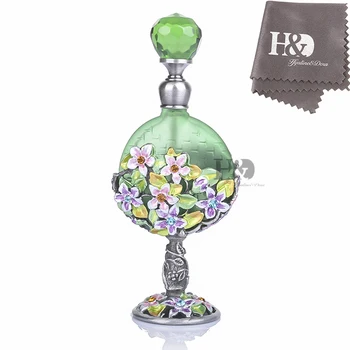 

H&D 7ml Refillable Retro Glass Perfume Bottle w/Flower Figure and Rhinestone Decorations (Green)
