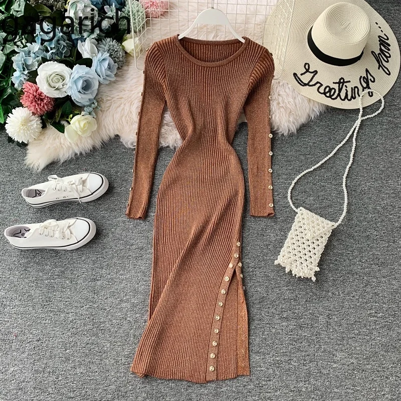 Gagarich Women Dress Autumn Winter New Elegant Korean Solid Color Split O-neck Long Sleeve Stretch Ladies Dresses Vestidos