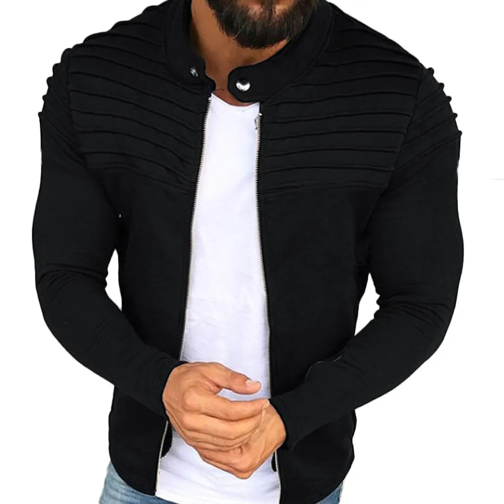 Куртки мужские осень зима плиссированные тонкие в полоску подходят реглан молния длинный рукав Топ черный мужской пальто Мужская брендовая одежда M-3XL - Цвет: Black