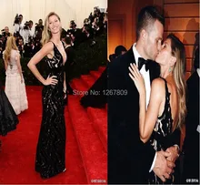 Sexy Zwarte Kleur Diepe V-hals Celebrity Jurken Met Gala Gisele Bundchen Red Carpet Dress Custom Made