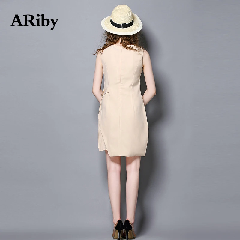 Women Dress ARiby 2019 Summer New Fashion Office Lady Simple Solid Pleated Stitching Sleeveless O-Neck Sashes Slim Mini Dresses