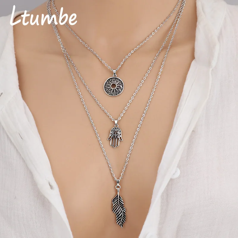 

Ltumbe Hollow Coin Hamsha Hand Big Leave Multi Layer Long Chain Necklaces & Pendants Clavicle Chain Necklaces for Women Jewelry