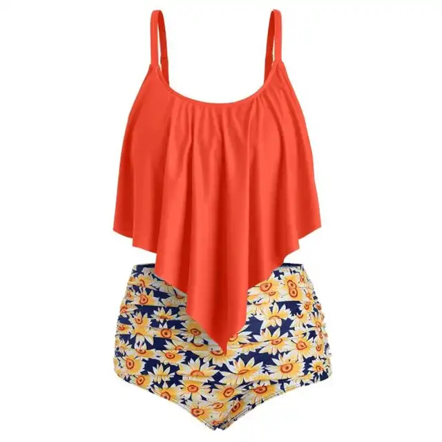 Women Two Pieces Bathing Suit Top Ruffled With High Waist Bottom