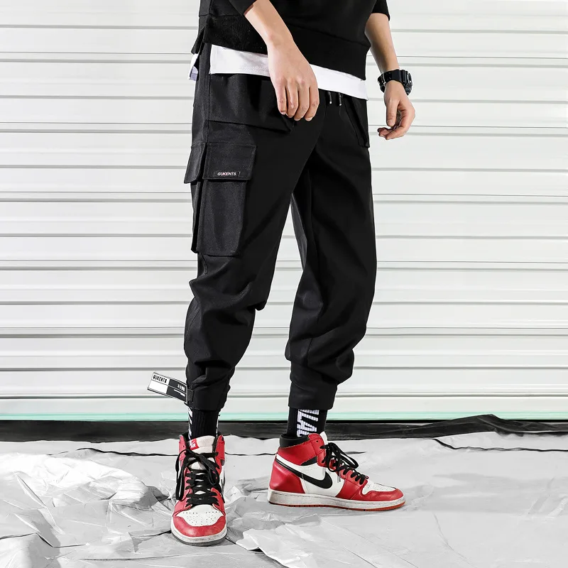 Мужские штаны-шаровары с несколькими карманами, мужские уличные панковские брюки-карго в стиле хип-хоп, повседневные брюки для бега, мужские черные и красные брюки, WG03