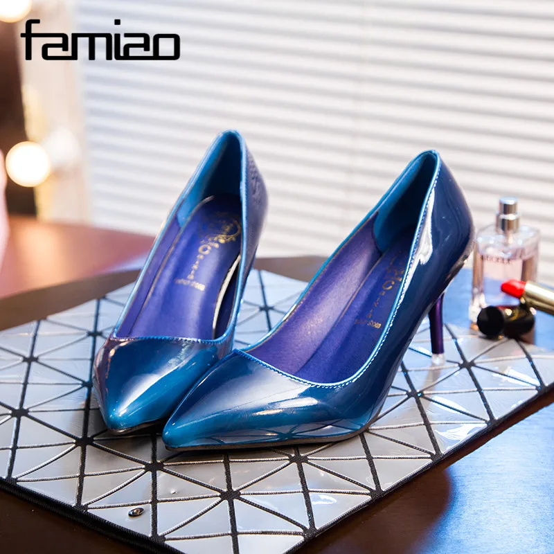 

2018 Women pumps special blue pumps patent leather stiletto high heels shoes sexy party Shoes woman fashion OL ladies pumps