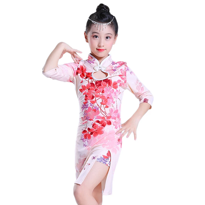 

print floral qipao dress 4 - 14 yrs baby girls china cheongsam children traditional ancient folk costume kid latin dance clothes