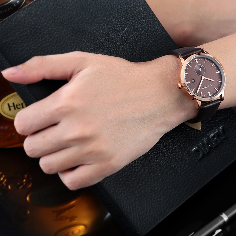 Chronos Топ Бренд роскошные часы мужские Ультра тонкие кожаный ремешок кварцевые