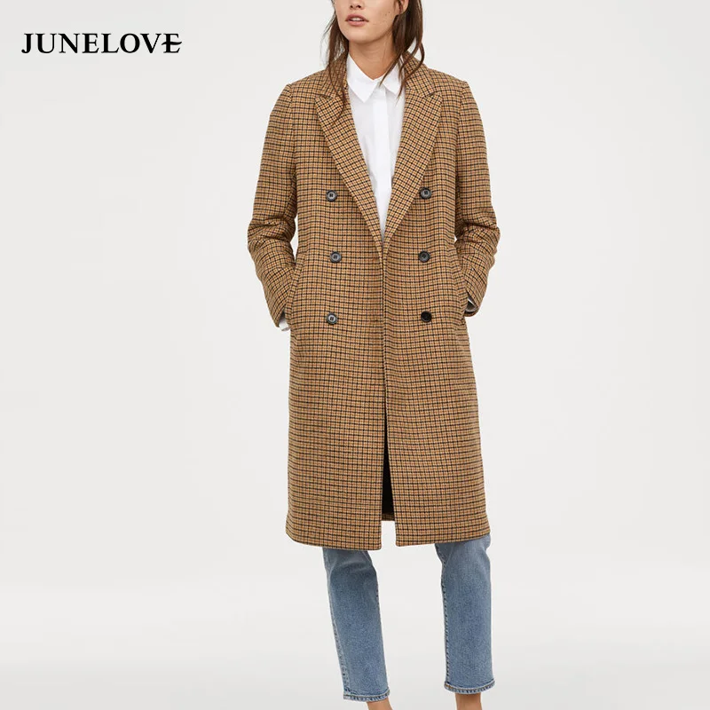 

JuneLove Women Spring Long Sleeve Plaid Coat Vintage Street Wear Female Loose Long Coat Casual Double Breasted Lady Coat Outwear