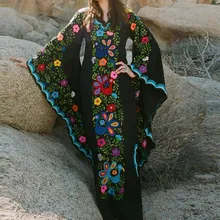 Vintage Women Wind Print V-neck Maxi Dress Trumpet Sleeve Long Sleeve Boho Dress exaggerate bow detail trumpet sleeve dress