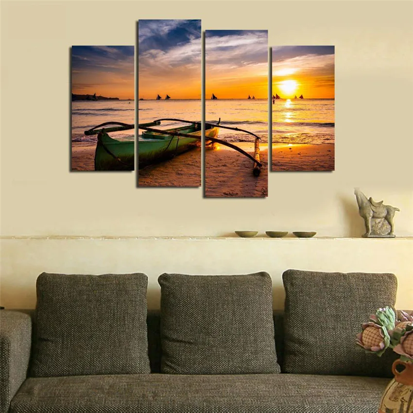 

5 pieces Wall Art Picture Gift Home Decoration Canvas Print painting beautiful sea Sunset boat Prints wholesale HX-071-1 Framed