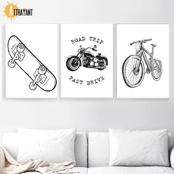 

Bike motorcycle Skateboard Nordic Posters And Prints Wall Art Canvas Painting Black White Cartoon Wall Pictures Kids Room Decor