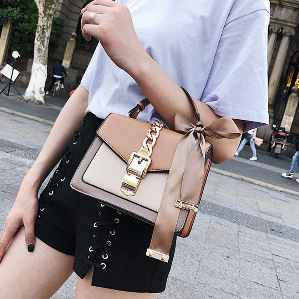 Hot Sale Woman Chain Bag Lace bow Contrast Color Chain Handbag Shoulder Bag Pu Leather Messenger Bag