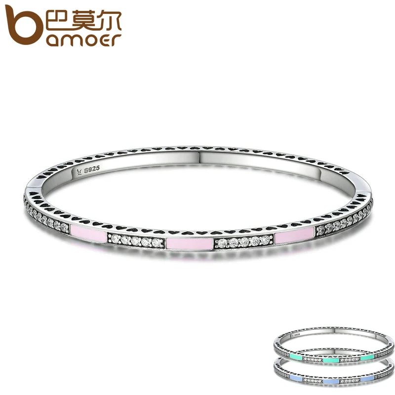 

BAMOER Genuine 925 Sterling Silver 3 Color Radiant Hearts, Light Pink Enamel & Clear CZ Bangle & Bracelet Luxury Jewelry SCB017