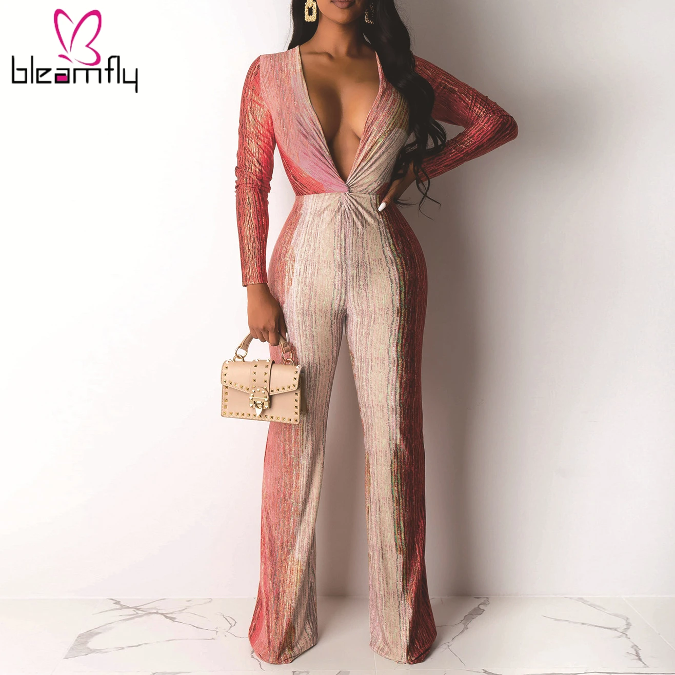 

Summer Autumn Deep V-neck Long Sleeve Rompers Womens Jumpsuit Gradient Print Vintage Wide Leg One Piece Elegant Playsuit Outfit