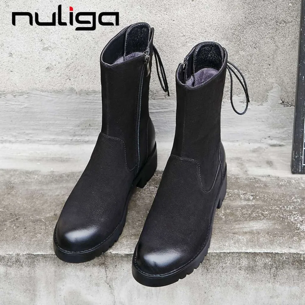 

Nuliga hot sale solid rough genuine leather round toe low heels european high fashion superstars keep warm mid-calf boots L20