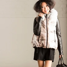 Мода пэчворк y583a овчина меховой воротник дизайн вниз короткая женская куртка