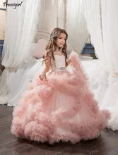 Girl's Pageant Dresses Flower Girl Dress Fancy Tulle Satin Lace Cap Sleeves Pageant Girls Ball Gown Pink Ivory lovely lace flower girl dresses hi low jewel neck pink long sleeve pageant dresses fluffy tiered satin girls pageant dress