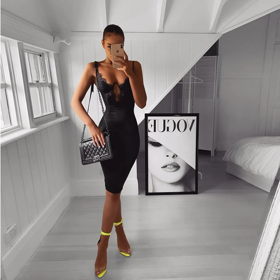 

Sexy Lace Mesh Spaghetti Strap Hollow Out Knee Length Bodycon Dress Women Sleeveless Backless Sheat Robe Party Night Vestidos
