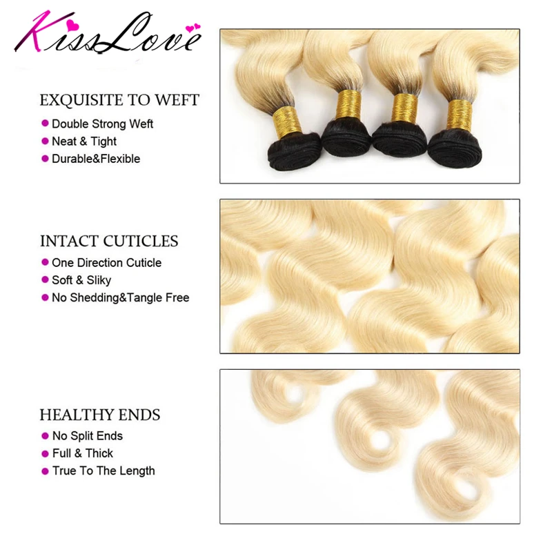 Kiss Love Ombre Bundles with Closure Malaysia Body Wave Hair 1B 613 Color Human Hair 4 Pieces Bundles 100% Human Extension