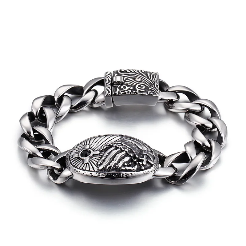 

ANILLO Men 316 L Stainless Steel Cross Hand Bracelet Wristband Vintage Totem Curved Edging Curb Chain Jewelry