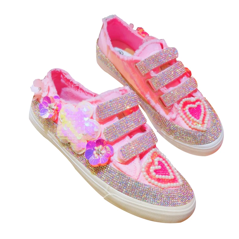 JELLYFOND Pink Ladies Bling Sneakers Women Canvas Shoes Casual Flats Rhinestone Sneakers 2019