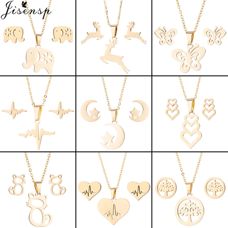 

Jisensp Stainless Steel Jewelry Sets for Women Elephant Heartbeat Pendant Necklace Earrings Fashion Jewelry Gift Collares Mujer