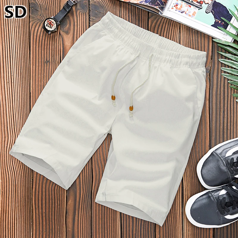 Men's Shorts Summer Calf-length Boardshorts Casual Bermuda Trousers Cotton 100 Male Beach Shorts Elastic Waist Bottoms 1029