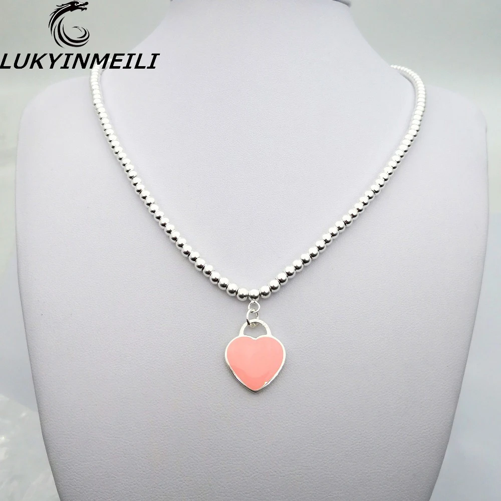 

TIFF1:1s925 sterling silver ladies necklace chain pink heart-shaped tag fashion trend wild female jewelry fresh European style