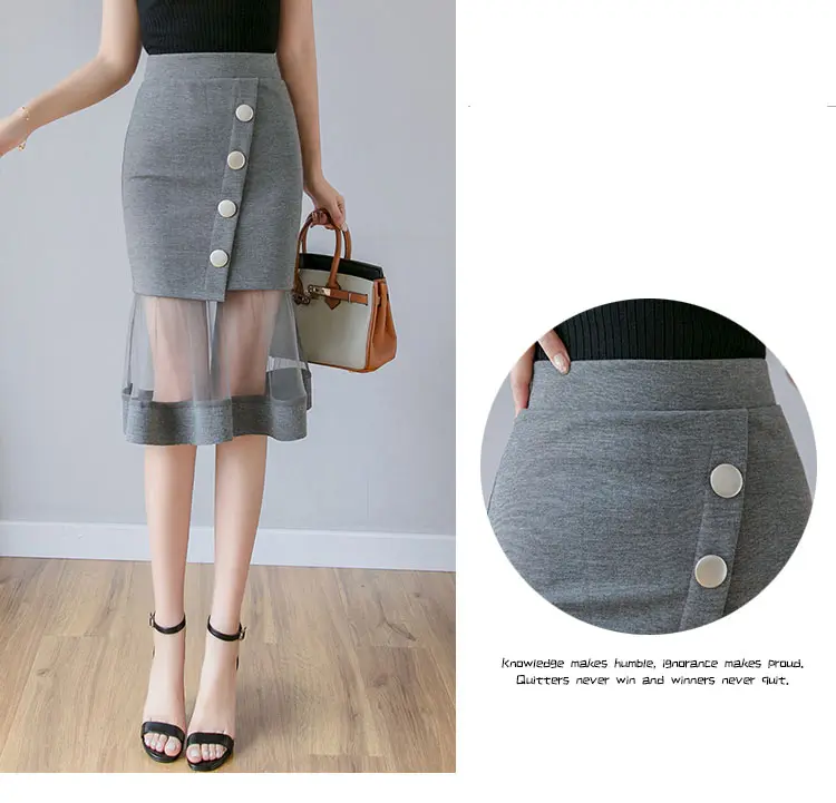 S-5XL New Women Skirt High waist Mesh patchwork Mermaid Skirt Slim Sexy Pencil Skirt Elegant button Office Ladies Skirts