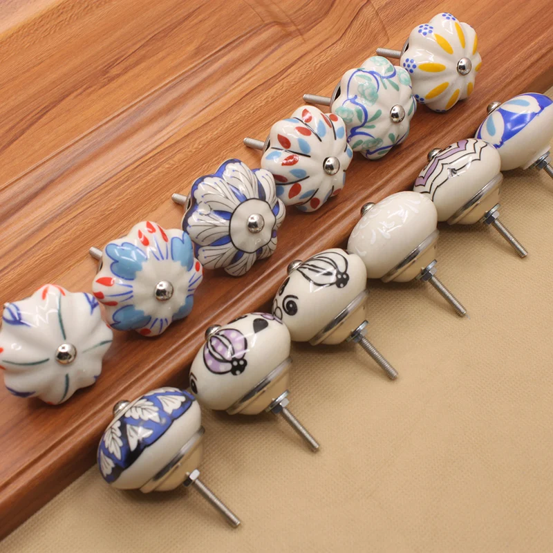 KAK 40mm Hand-painted Ceramic Drawer Knobs Porcelain Rural Cabinet Knob Cupboard Handles Mediterranean Furniture Handle Hardware