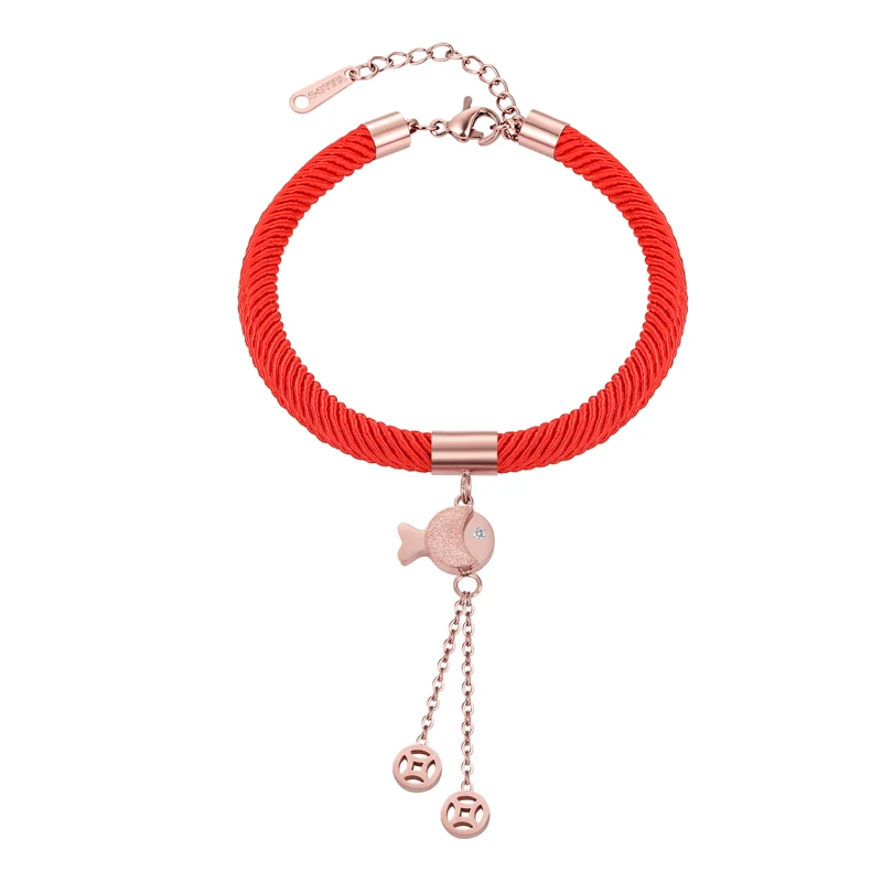 Stainless steel Scrub Fish Copper Money Fringe Lucky Red Rope Bracelet Female Couple Series Lovers Gift Jewelry Wholesale | Украшения и