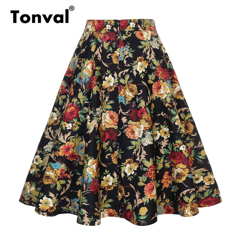 Женская винтажная хлопковая юбка-миди Tonval, юбка средней длины и трапециевидной формы с облегающим поясом на молнии сзади, юбка с цветочным принтом в стиле «Ретро рокабилли»