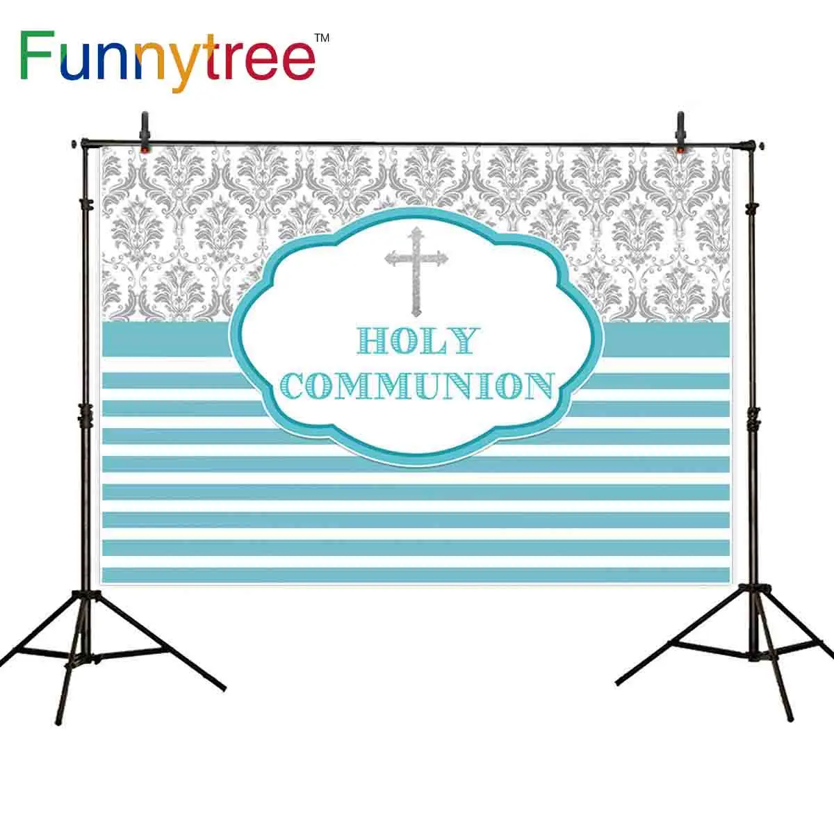 

Funnytree photography photocall white and blue stripe damask Holy Communion backdrops photo background photographic photophone