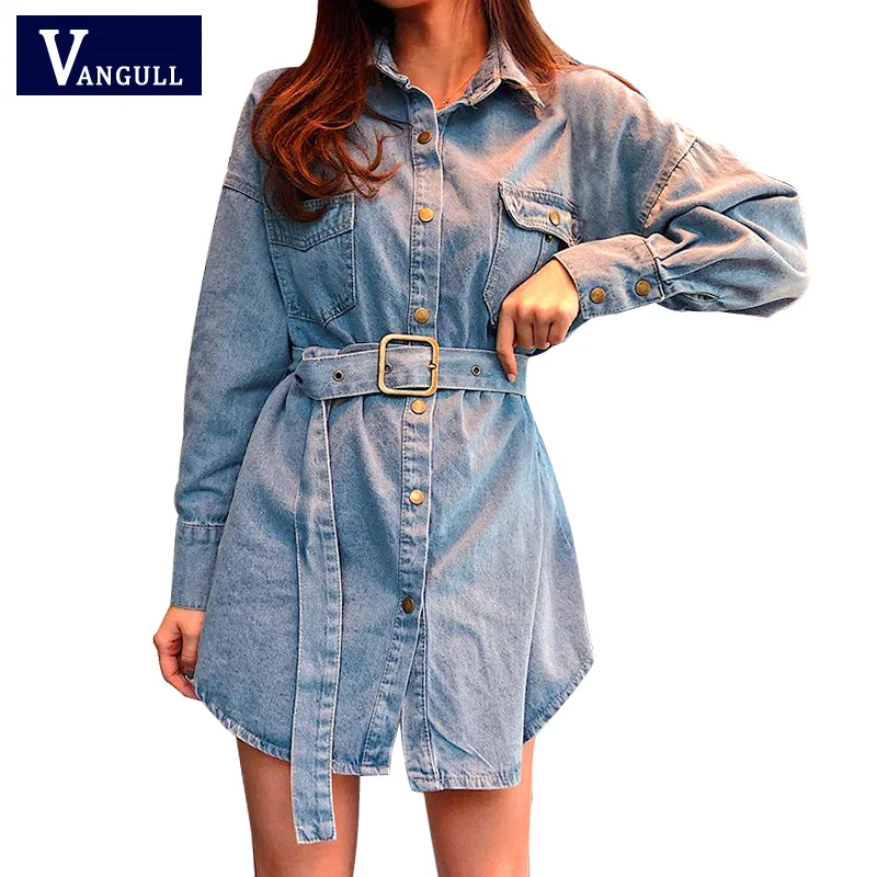 

Vangull New Spring Jackets Women Denim 2019 Casual Long Sleeve Jacket Ladies Lace Up Mid-long Loose Jean Coat Belt Outerwear