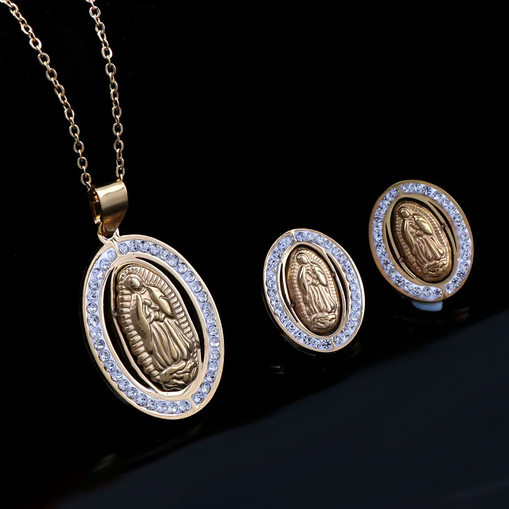 

Gold 316L Stainless Steel Oval Virgin Mary Christian Catholic Necklace With Rhinestone For Women High-quality Pendant Necklace