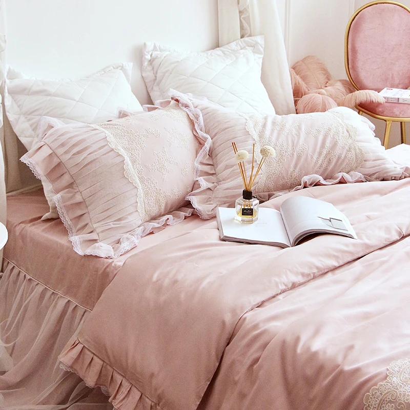 Розовый, белый светильник, синий, роскошная кружевная вышивка, 60 S, Комплект постельного белья из египетского хлопка, пододеяльник, простыня, кровать, юбка, наволочки, 4 шт