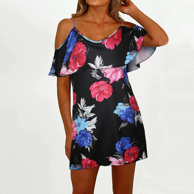 2019 Women's Dress Cold Shoulder Short Sleeve Summer Dress Woman Casual Loose Beach Boho Sundress Ladies Floral Printed Dresses