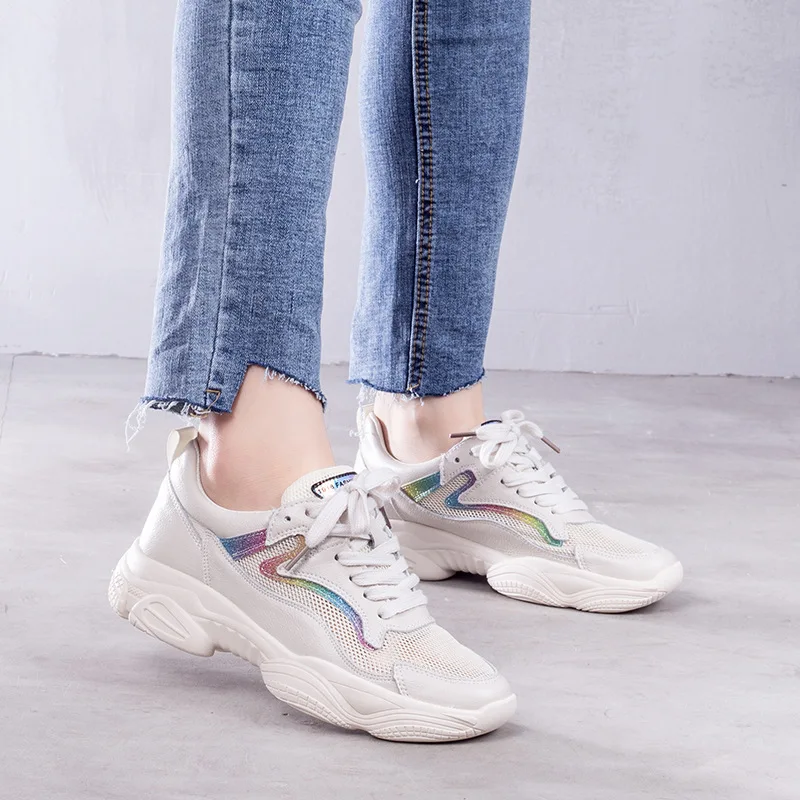 

JELLYFOND Womens Platform Sneakers Breathable Air Mesh Casual Shoes Genuine Leather Sneakers Thick Bottom Shoes Tenis Feminino